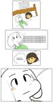  asriel_dreemurr bed blush brown_hair caprine clothing comic duo english_text fur goat hair human inkerton-kun long_ears male mammal monster protagonist_(undertale) text undertale white_fur 