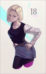  android_18 black_border black_legwear blonde_hair blue_eyes border dragon_ball dragon_ball_z earrings hands_on_hips jewelry long_sleeves pantyhose pencil_skirt short_hair skirt solo suda_ayaka 