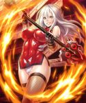  1girl breasts character_request curvy erect_nipples female fire grin large_breasts latex lilith-soft long_hair looking_at_viewer magic no_bra nobushito_kuro panties sanada_homura smile solo taimanin_asagi taimanin_asagi_battle_arena underwear weapon white_hair wide_hips 