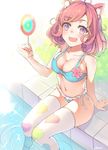  :d ahoge animal_ears arm_support bangs bikini blush candy cat_ears food frills heart heart_print kemonomimi_mode kofuku lollipop looking_at_viewer no_shoes noragami open_mouth pink_hair pinky_out purple_eyes saliva short_hair signature sitting smile soaking_feet solo swimsuit thighhighs white_legwear yong_mei-uta 