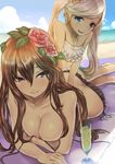  :d ass bare_shoulders beach beach_towel bikini_top_removed blonde_hair blue_eyes blue_sky breasts brown_hair butt_crack cleavage cloud collarbone cup day drink drinking_glass drinking_straw flower glass granblue_fantasy hair_between_eyes hair_flower hair_ornament highres horizon io_euclase looking_at_viewer lying medium_breasts multiple_girls nukkoru ocean open_mouth outdoors rose rosetta_(granblue_fantasy) sand sky smile tan teeth towel tropical_drink twintails 
