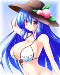  bikini_top blue_hair bottomless breasts cleavage collarbone food fruit hat highres hinanawi_tenshi large_breasts long_hair navel osashin_(osada) out-of-frame_censoring peach red_eyes smile solo touhou very_long_hair 