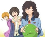  1boy 2girls ? anger_vein audrey_burne banagher_links damaged dress gacha-m green_eyes gundam gundam_unicorn haro jacket long_hair micott_bartsch mineva_lao_zabi multiple_girls necklace orange_hair short_hair sweat wavy_hair 