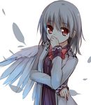  angel_wings covering_mouth dress feathers jacket kishin_sagume long_sleeves looking_at_viewer open_clothes open_jacket purple_dress red_eyes silver_hair single_wing solo touhou wings yuuhagi_(amaretto-no-natsu) 