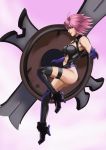  1girl armor armored_dress ass bare_shoulders boots breasts cleavage_cutout commentary_request elbow_gloves fate/grand_order fate_(series) from_side gloves high_heels highres holding_shield jumping kouichi09 large_breasts mash_kyrielight navel_cutout purple_eyes purple_gloves purple_hair shield short_hair solo thigh_boots thigh_strap thighhighs thighs 