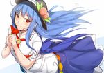  blue_hair flower food fruit hat hinanawi_tenshi holding long_hair looking_at_viewer neropaso peach red_eyes sketch smile solo touhou 