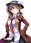  :c brown_eyes brown_hair coat e.o. hands_in_pockets hat hat_ribbon highres jacket long_sleeves looking_at_viewer necktie open_clothes open_coat ribbon shirt skirt solo touhou usami_renko 