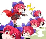  bow cape closed_eyes disembodied_head hair_bow long_sleeves multiple_heads red_eyes red_hair sekibanki shinapuu shirt short_hair skirt smile solo touhou whistle 