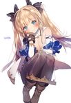  artist_name bad_id bad_pixiv_id blonde_hair blue_eyes blush boots bow breasts chin_rest cleavage earrings gloves hair_bow jewelry looking_at_viewer medium_breasts original pantyhose simple_background sitting smile solo sparkle sukja twintails 