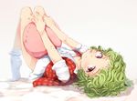  blush bottomless flan_(harry_mackenzie) from_behind full_body green_hair kazami_yuuka knees_up looking_at_viewer looking_back lying messy_hair no_shoes on_back open_clothes open_vest parted_lips pillow plaid red_eyes shirt short_hair short_sleeves socks solo tiptoes touhou vest wavy_hair white_background white_legwear white_shirt younger 