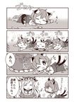  2girls 4koma :3 :d ^_^ animal_ears cat_ears cat_tail check_translation chen closed_eyes comic crayon fang hair_ribbon highres ibaraki_natou long_hair long_sleeves lying monochrome multiple_girls multiple_tails nekomata on_stomach one_eye_closed open_mouth ribbon rolling short_hair smile tail touhou translation_request tress_ribbon two_tails yakumo_yukari 