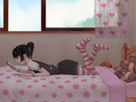  1girl artist_request bed cellphone dog henti on_stomach pet phone poodle striped striped_legwear stuffed_animal thighhighs 