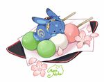  artist_name bunny cherry_blossoms dango food maruneko mikazuki_munechika no_humans petals plate sanshoku_dango signature skewer touken_ranbu wagashi 