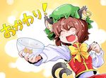  :3 :d ^_^ animal_ears bow bowl bowtie brown_hair cat_ears cat_tail chen chopsticks closed_eyes earrings fang food food_on_face hat highres jewelry multiple_tails open_mouth rice rice_bowl rice_on_face shinapuu short_hair smile solo tail touhou translated yellow_bow 