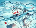  air_bubble animal blue_eyes blue_hair bottle_miku bubble fish food food_in_mouth fruit goldfish hair_ribbon hatsune_miku liquid_hair long_hair mouth_hold outstretched_arm p-nekor ribbon school_uniform serafuku solo strawberry submerged tears twintails underwater upper_body upshirt very_long_hair vocaloid 