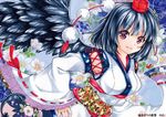  bad_id bad_pixiv_id bent_over bird_wings black_hair blue_background breasts detached_sleeves floral_background hand_on_hip hat kourindou_tengu_costume lakestep55 looking_at_viewer marker_(medium) medium_breasts obi parted_lips pom_pom_(clothes) red_eyes ribbon-trimmed_sleeves ribbon_trim sash shameimaru_aya short_hair smile solo tokin_hat touhou traditional_media wings 