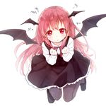  1girl angry bat_wings blush full_body head_wings honotai koakuma long_hair long_sleeves looking_at_viewer pantyhose pout red_eyes red_hair ribbon shirt shoes simple_background skirt skirt_set solo tears touhou vest white_background wings 