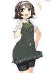  :d alternate_costume bike_shorts black_hair brown_eyes clenched_hand collared_shirt cosplay gloves hair_ornament hairband hand_on_hip kagerou_(kantai_collection) kagerou_(kantai_collection)_(cosplay) kankitsunabe_(citrus) kantai_collection looking_to_the_side open_mouth pleated_skirt ribbon school_uniform shirt short_hair short_sleeves simple_background skirt smile solo tanikaze_(kantai_collection) twitter_username vest white_gloves 