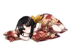  black_hair blush japanese_clothes kara_no_kyoukai kimono long_hair looking_at_viewer lying ohitashi_netsurou ryougi_shiki simple_background solo white_background 