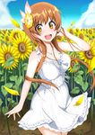  adjusting_hair blue_sky blush brown_eyes brown_hair casual cla_(torinabe) cloud day dress field flower flower_field hair_flower hair_ornament key_necklace long_hair looking_at_viewer nisekoi open_mouth outdoors petals sidelocks sky sleeveless solo sunflower tachibana_marika white_dress wind 