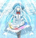  alternate_color alternate_hair_color angel_wings apron black_legwear blue_background boots bow closed_eyes commentary_request dress feathered_wings floating frilled_dress frills from_below g-tenko-r hat highres hinanawi_tenshi light_rays long_hair m.u.g.e.n open_hands outstretched_arms parted_lips patterned_background rainbow_order rion_(glayjirobass) short_sleeves solo touhou very_long_hair white_dress white_hair white_wings wings 