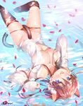  aile_(crossroads) animal_ears bikini blue_eyes breasts brown_bikini brown_hair brown_legwear cat_ears cat_tail cleavage fang ichinose_shiki idolmaster idolmaster_cinderella_girls kemonomimi_mode large_breasts long_hair looking_at_viewer open_clothes open_mouth open_shirt partially_submerged petals shirt smile solo swimsuit tail tail_censor thighhighs torn_bikini torn_clothes torn_legwear water 