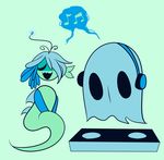  duo eyes_closed female fish ghost headphones male marine musical_note napstablook open_mouth saccharinescorpion shyren singing siren speech_bubble spirit undertale 