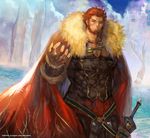  2015 beard cape dated facial_hair fate/zero fate_(series) fur_trim male_focus md5_mismatch red_eyes red_hair rider_(fate/zero) solo sword weapon weed_(astarone) 