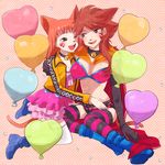  ;d amakumoma animal_ears balloon bell bell_choker belt belt_boots bikini_top black_gloves blue_footwear boots breasts brown_eyes brown_hair cape cat_ears cat_tail choker cleavage colored_stripes elbow_gloves facial_mark fairy_tail full_body gloves heart_balloon hug jacket large_breasts long_hair millianna_(fairy_tail) one_eye_closed open_mouth pink_background polka_dot polka_dot_background red_hair short_shorts shorts sitting small_breasts smile striped striped_legwear tail thighhighs twintails white_legwear 
