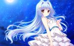  :o blue_hair brown_eyes chuunibyou_na_kanojo_no_love_equation dress frilled_dress frills from_side game_cg hair_intakes hair_ornament hoshino_spica long_hair looking_at_viewer moon night sky solo star star_(sky) star_hair_ornament starry_sky stuffed_toy very_long_hair white_dress wind yukie_(peach_candy) 