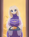  big_breasts blue_eyes breasts caprine cleavage clothed clothing female food fork fur goat joyfulininsanity looking_at_viewer mammal monster pie smile solo toriel undertale white_fur 