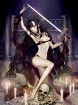  armlet bad_anatomy bad_id bad_pixiv_id bare_shoulders barefoot black_hair blue_nails blurry bokeh bracelet breasts burning candle depth_of_field earrings fire floating floating_object flying_paper full_body hair_ornament head_tilt highres holding holding_sword holding_weapon jewelry long_hair looking_at_viewer mask medium_breasts midriff nail_polish navel necklace night night_sky one_knee paper purple_hair railing red_ribbon ribbon see-through shikishima_(eiri) skull sky solo sword underboob very_long_hair weapon yellow_eyes 
