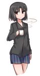  black_hair black_shirt blush cup kara_no_kyoukai mug ohitashi_netsurou ryougi_shiki shirt short_hair shorts simple_background solo striped vertical-striped_shorts vertical_stripes white_background 