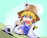  blonde_hair blue_eyes eyeball hair_ribbon hat highres missing_eye moriya_suwako open_mouth pyonta ribbon shinapuu short_hair solo tears touhou trembling 