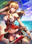  adjusting_hair beach blonde_hair bow bow_legwear cloud day granblue_fantasy hair_bow long_hair outdoors palm_tree panties ponytail realize_(re-alize) red_eyes sky smile solo sword thighhighs tree underwear vira_lilie water weapon white_panties 