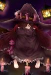  anna_(granblue_fantasy) bad_id bad_twitter_id barefoot blurry buttons candle depth_of_field dress fire frilled_dress frills granblue_fantasy green_eyes hair_over_one_eye hat highres lantern long_hair long_sleeves looking_at_viewer neko_sensha purple_dress red_hair sitting solo stuffed_animal stuffed_cat stuffed_toy very_long_hair witch witch_hat 