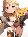  ass_visible_through_thighs black_gloves black_legwear blonde_hair blush book breasts bridal_gauntlets cape center_opening circlet cleavage commentary_request elbow_gloves fire_emblem fire_emblem_if gloves hand_on_hip leaning_forward long_hair looking_at_viewer medium_breasts navel ophelia_(fire_emblem_if) riku_(wana) smile solo thighhighs 