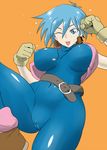  1girl allenby_beardsley arimuraa belt blue_eyes blue_hair bodysuit breasts cameltoe covered_navel cropped_jacket erect_nipples female g_gundam gloves gundam large_breasts necklace open_mouth short_hair simple_background skin_tight skintight solo sweat wink 