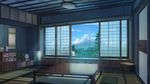  architecture book box cabinet cloud cushion day east_asian_architecture highres indoors light_particles mountain niko_p no_humans original photo_(object) plant potted_plant railing scenery scroll signature sky sliding_doors sunlight table tatami tree vase window 