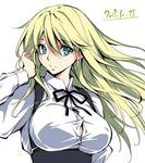  blonde_hair blue_eyes bow bowtie breasts character_request dated hair_tucking kikurage_(plastic_people) large_breasts long_hair looking_at_viewer ribbon shirt smile solo upper_body white_shirt 