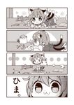  1girl 4koma :3 ? animal_ears cat_ears cat_tail chen comic crayon drawing hat highres ibaraki_natou jewelry long_sleeves lying mob_cap monochrome multiple_tails nekomata on_stomach short_hair single_earring solo tail touhou translated two_tails 
