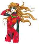  :o arm_behind_back bangs bodysuit breasts brown_hair cowboy_shot cropped_legs duct_tape eyepatch floating_hair gloves hair_ornament hand_in_hair hand_up highres long_hair looking_at_viewer neon_genesis_evangelion number open_mouth pilot_suit plugsuit rebuild_of_evangelion shikinami_asuka_langley simple_background skinny small_breasts solo souryuu_asuka_langley traditional_media turtleneck very_long_hair white_background 