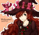  anna_(granblue_fantasy) black_dress black_hat blush candle dress flying_sweatdrops frown granblue_fantasy green_eyes hair_over_one_eye hat jewelry long_hair lowres necklace orange_background outline red_hair simple_background skull solo stuffed_animal stuffed_cat stuffed_toy sweat tako_(kirigiri) witch witch_hat 