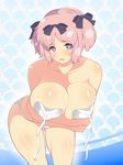  1girl bikini blue_eyes blush bow breasts cleavage hair_bow hibari_(senran_kagura) highres joutarou large_breasts looking_at_viewer open_mouth pink_hair senran_kagura senran_kagura_shoujo-tachi_no_shin'ei short_hair short_twintails solo swimsuit symbol-shaped_pupils twintails untied untied_bikini 