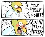  alphys angry blush dialogue english_text eyewear female glasses lab_coat monster niiikooooo open_mouth parody scales scalie speech_bubble sweat text undertale yellow_scales 