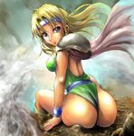 1girl amon_(artist) ass blonde_hair blue_eyes boots breasts cape celes_chere final_fantasy final_fantasy_vi from_behind headband leotard long_hair looking_at_viewer shiny shiny_skin sideboob sitting smile solo thong thong_leotard wristband 