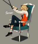  alternate_costume animal_ears artist_name blonde_hair blue_eyes capri_pants chain chair character_name cuffs fake_animal_ears full_body genderswap genderswap_(ftm) grey_background handcuffs highres knee_up loafers male_focus nono_(wkd2683540) pants seeu seewoo shoes simple_background sitting solo vest vocaloid 