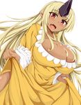  breasts bursting_breasts cleavage dark_skin dress dress_lift fang highres horn huge_breasts karatakewari looking_at_viewer monster_musume_no_iru_nichijou oni pointy_ears red_eyes simple_background smile solo tionishia white_background yellow_dress 