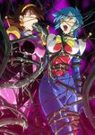  2girls allenby_beardsley bdsm blue_eyes blue_hair bodysuit breasts earrings enfuku erect_nipples g_gundam green_eyes gundam hairband jewelry mobile_trace_suit multiple_girls one_eye_closed open_mouth oral rain_mikamura restrained saliva short_hair sweat tentacle tongue tongue_out wink wire 