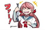  akashi_(kantai_collection) akashiya_sanma bangs bow buck_teeth closed_eyes commentary fish hair_bow hair_ribbon kantai_collection kei-suwabe long_hair pink_hair pointing pun ribbon saury smile solo translated tress_ribbon twitter_username 